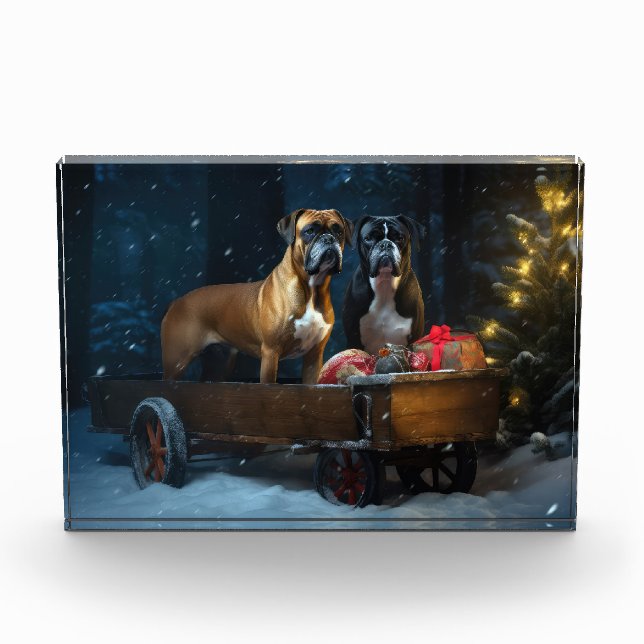 Boxer Snowy Sleigh Weihnachtsdekor Fotoblock (Vorderseite)