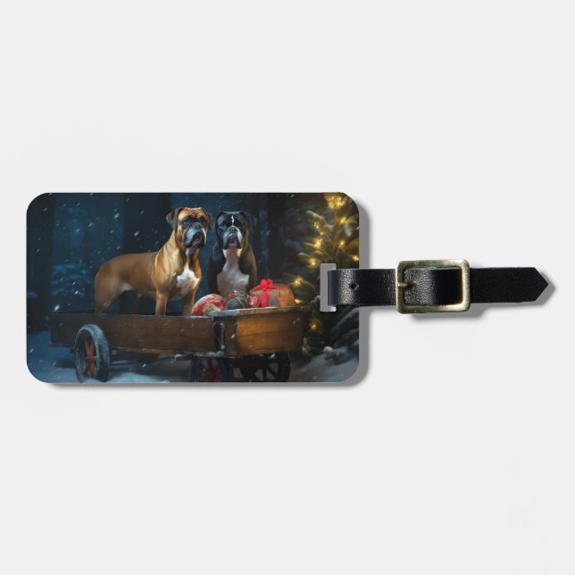 Boxer Snowy Sleigh Weihnachtsdekor Gepäckanhänger (Vorderseite horizontal)
