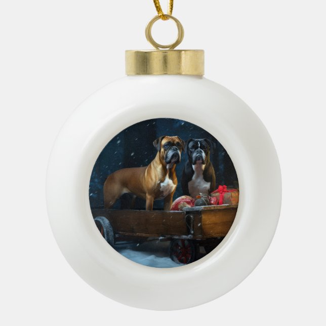 Boxer Snowy Sleigh Weihnachtsdekor Keramik Kugel-Ornament (Vorderseite)