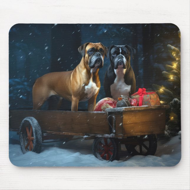 Boxer Snowy Sleigh Weihnachtsdekor Mousepad (Vorne)