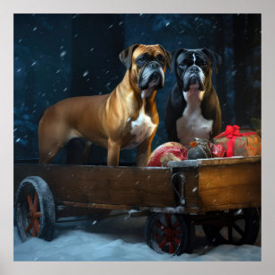 Boxer Snowy Sleigh Weihnachtsdekor Poster