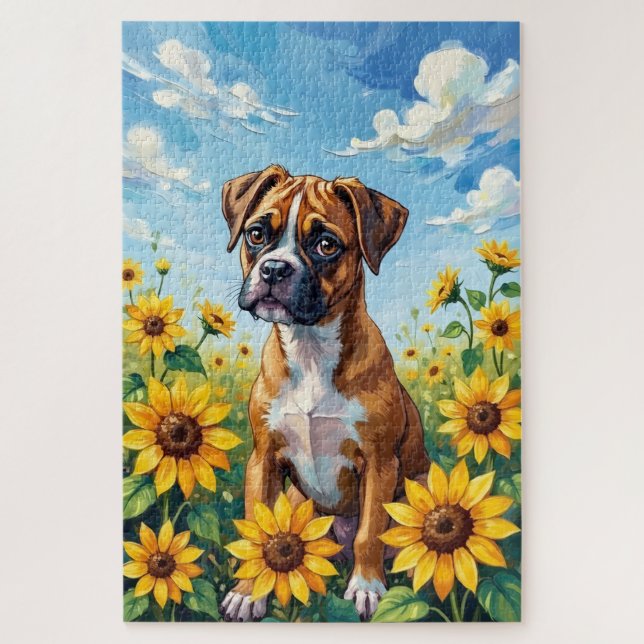Boxer Spring Sunflower Field Dog (Vertikal)