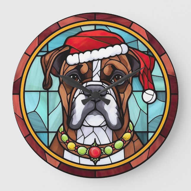 Boxer Stected Glass Christmas Große Wanduhr (Vorderseite)