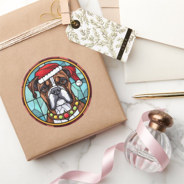 Boxer Stected Glass Christmas Runder Aufkleber (Schenken)