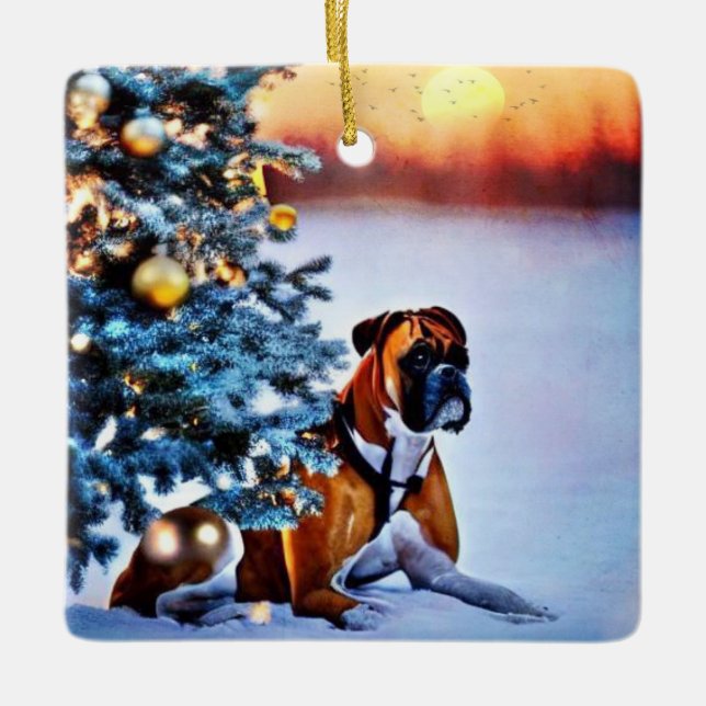 Boxer unter Weihnachtsbaum Keramikornament (Vorderseite)
