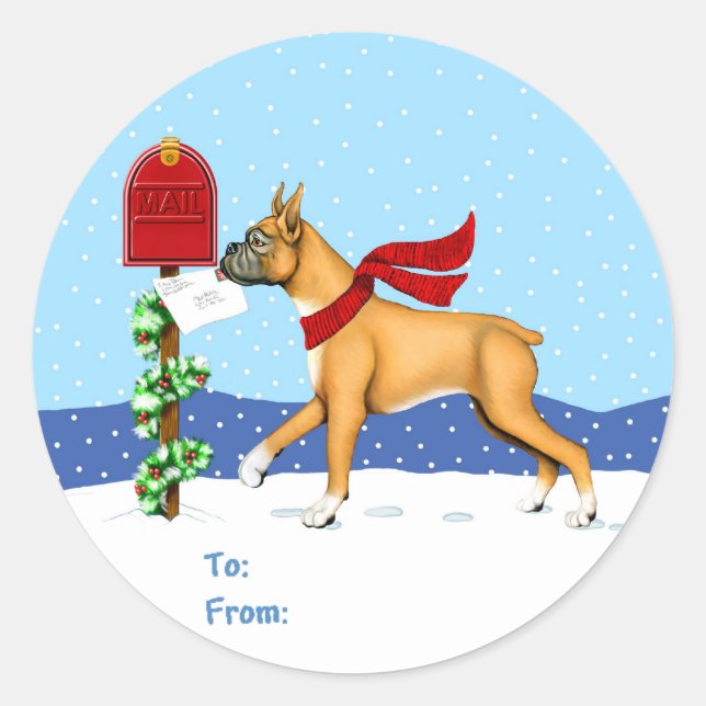 Boxer Weihnachtsbriefe Runder Aufkleber (Vorderseite)