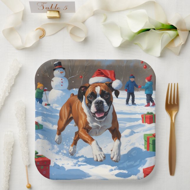 Boxer Weihnachtsfest Schneeszene Pappteller (Hochzeit)