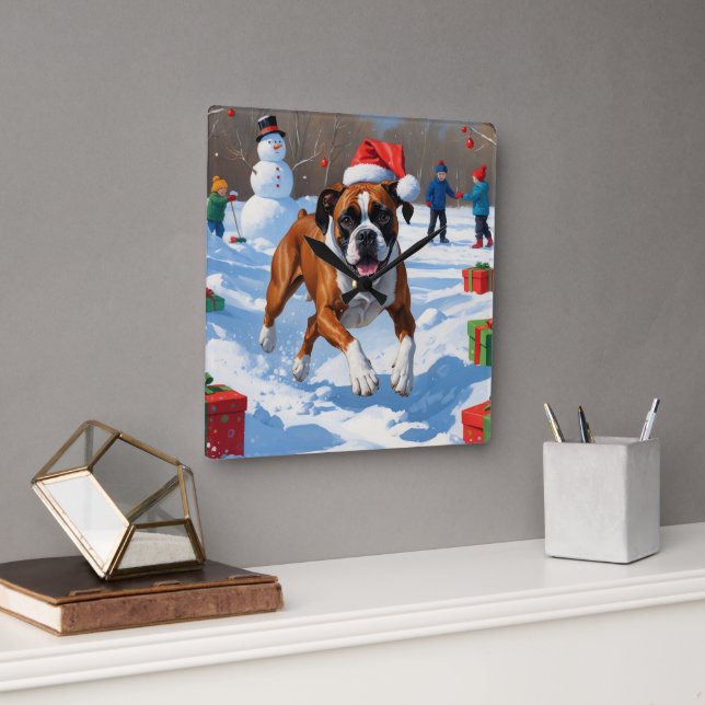 Boxer Weihnachtsfest Schneeszene Quadratische Wanduhr (Büro)
