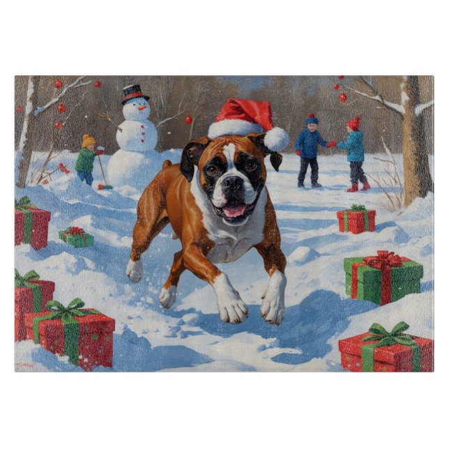 Boxer Weihnachtsfest Schneeszene Schneidebrett (Vorderseite)