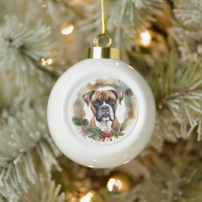 Boxer Weihnachtsmann Keramik Kugel-Ornament (Baum)