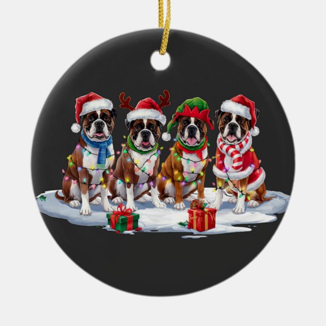 Boxer-Weihnachtsmannmütze will Weihnachtsbeleuchtu Keramik Ornament (Vorne)
