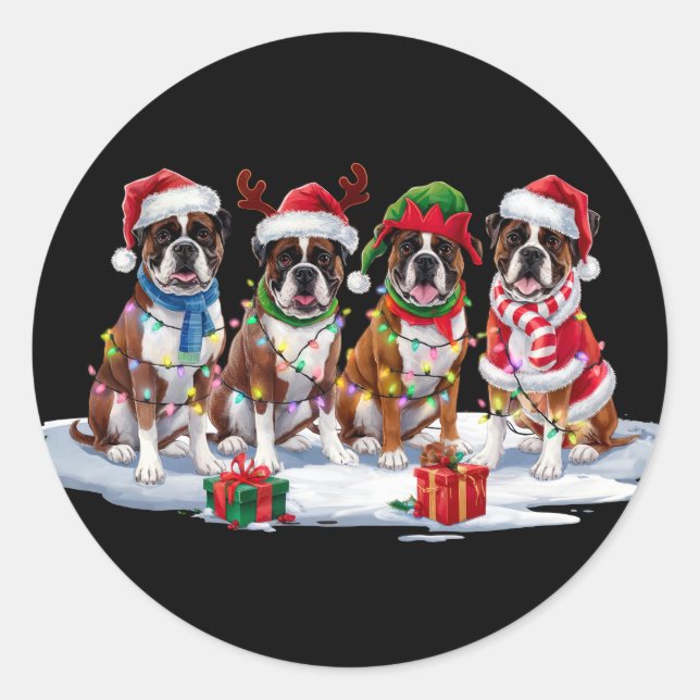 Boxer-Weihnachtsmannmütze will Weihnachtsbeleuchtu Runder Aufkleber (Vorderseite)
