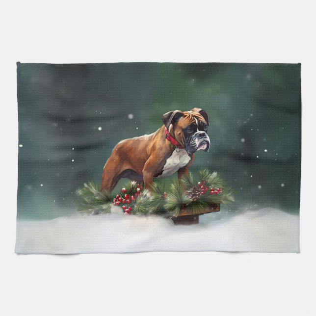 Boxer Weihnachtsschnee Winter Geschirrtuch (Horizontal)