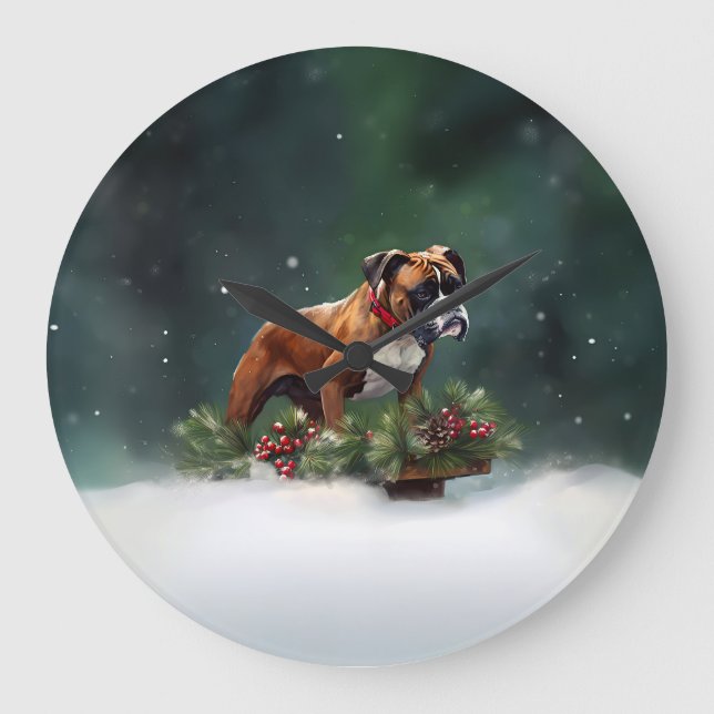Boxer Weihnachtsschnee Winter Große Wanduhr (Vorderseite)