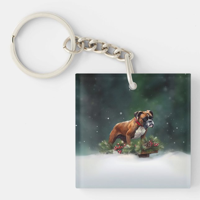Boxer Weihnachtsschnee Winter Schlüsselanhänger (Vorderseite)