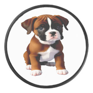 Boxer-Welpe Hund Rehbraun Färbung Eishockey Puck