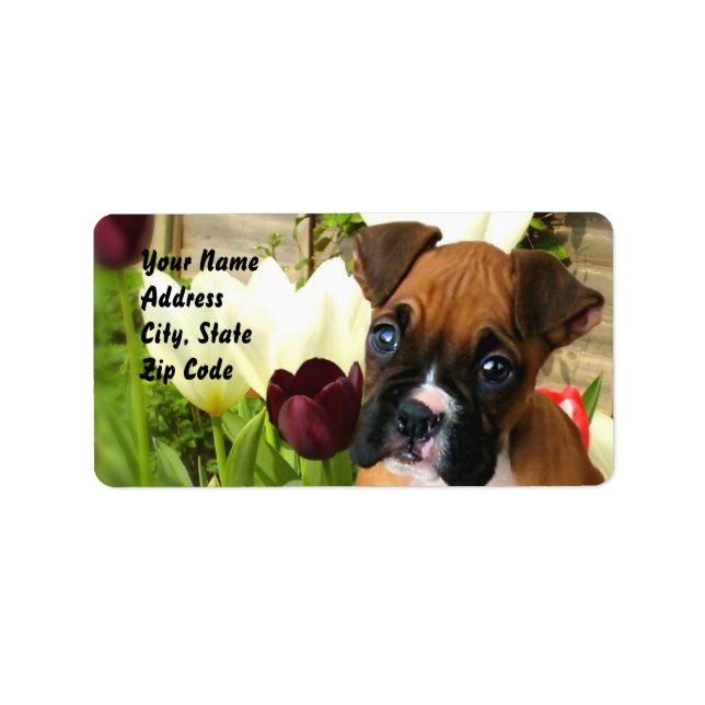 Boxer Welpe in Tulpen-Adressetiketten Adressaufkleber (Vorne)