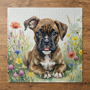 Boxer-Welpe mit Wasserfarben-Blumen