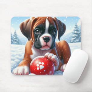 Boxer-Welpe spielt mit einem roten Ball im Winter Mousepad