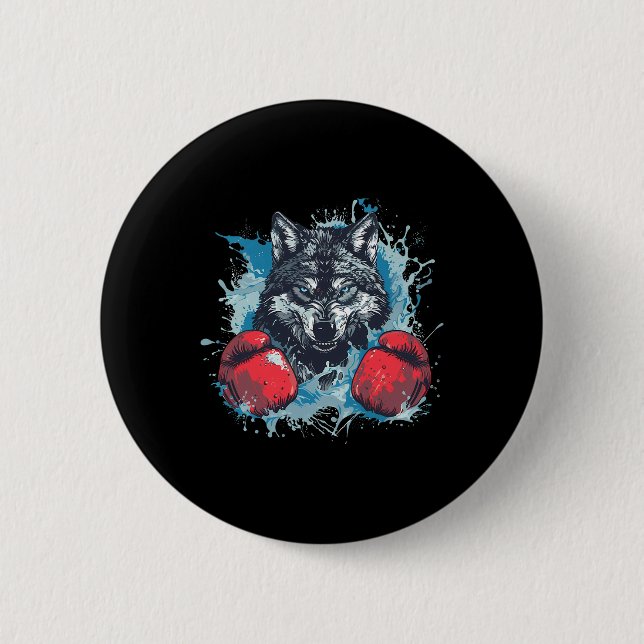 Boxer Wolf Mit Boxhandschuhen Kickboxen Lustiger B Button (Vorderseite)