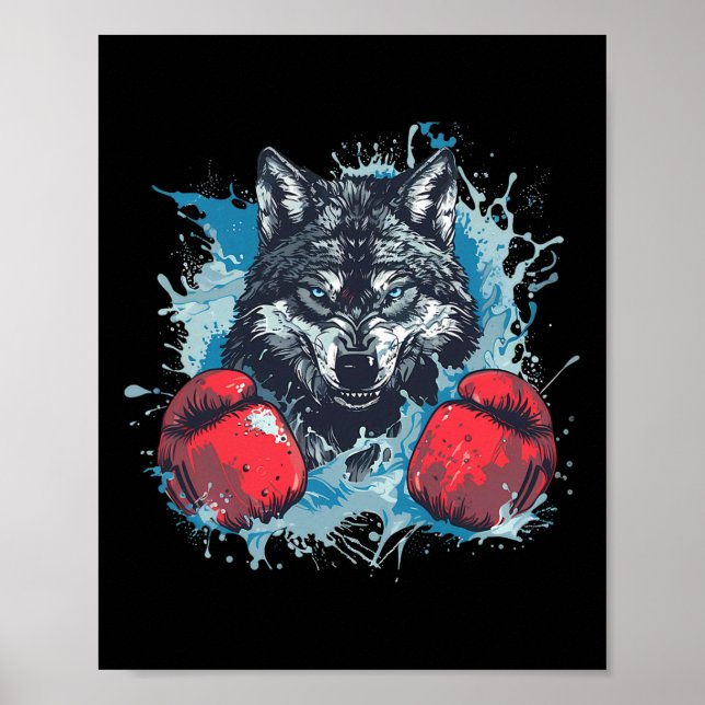Boxer Wolf Mit Boxhandschuhen Kickboxen Lustiger B Poster (Vorne)