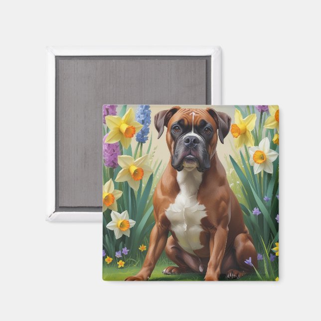 Boxerhund Frühlingsblumen Malerei Magnet (Vorderseite/Rückseite)