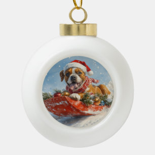 Boxerhund im Schlitten Lass es schneien Weihnachte Keramik Kugel-Ornament