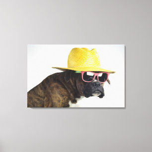 Boxerhund mit Hut und Gläsern Leinwanddruck