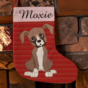 Boxerwelpe auf einem roten Weihnachtsmuster Kleiner Weihnachtsstrumpf