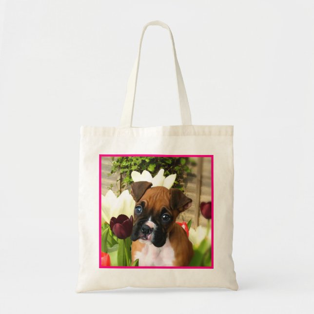Boxerwelpe in der Tulpe-Taschentasche Tragetasche (Vorne)