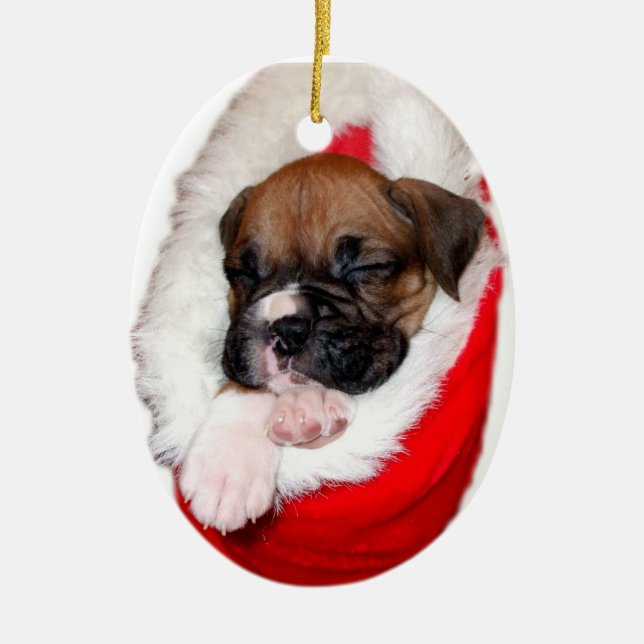 Boxerwelpe in der WeihnachtsStrumpfverzierung Keramikornament (Vorne)