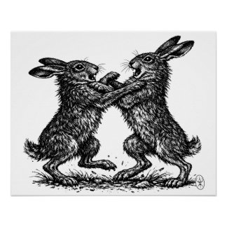 Boxing Hares – Haunted Ink Woodland Duel Poster