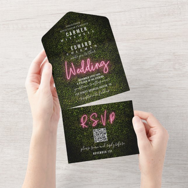 Boxwood and Pink Neon Sign Wedding RSVP All In One Einladung (Abreißen)