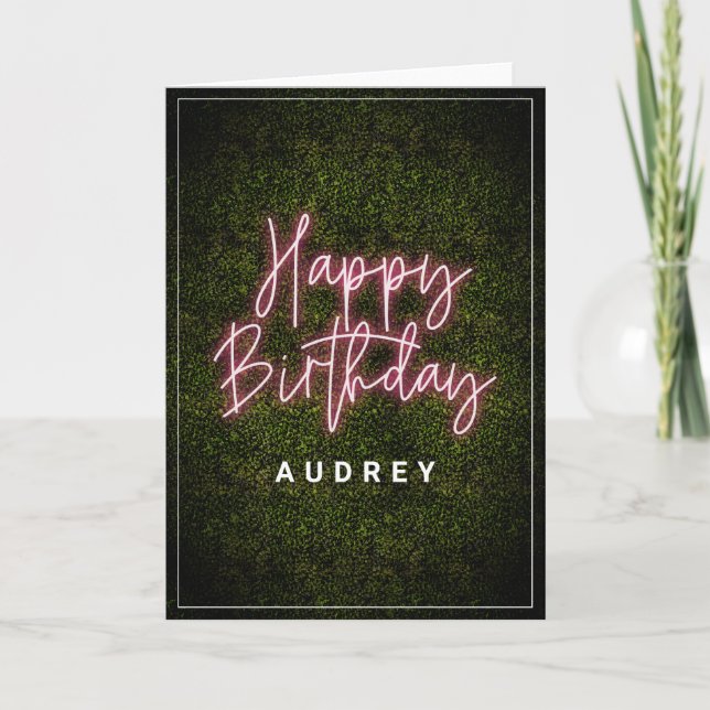 Boxwood Pink Neon Sign Happy Birthday Karte (Vorderseite)