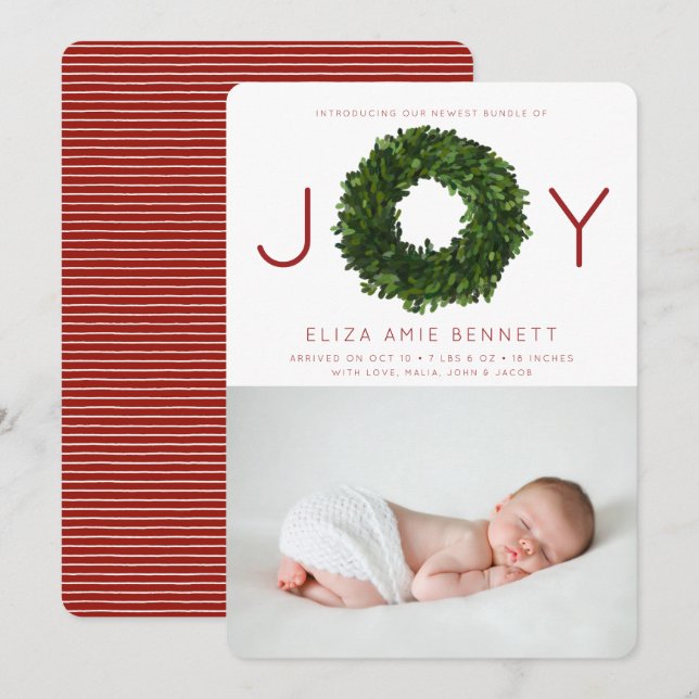 Boxwood Wreath Holiday Birth Ankündigung (Vorne/Hinten)