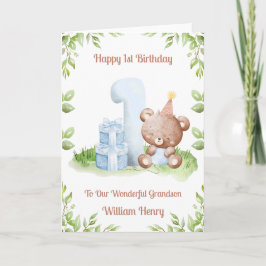 Boy 1st Birthday Greenery Teddy Bear Card Karte