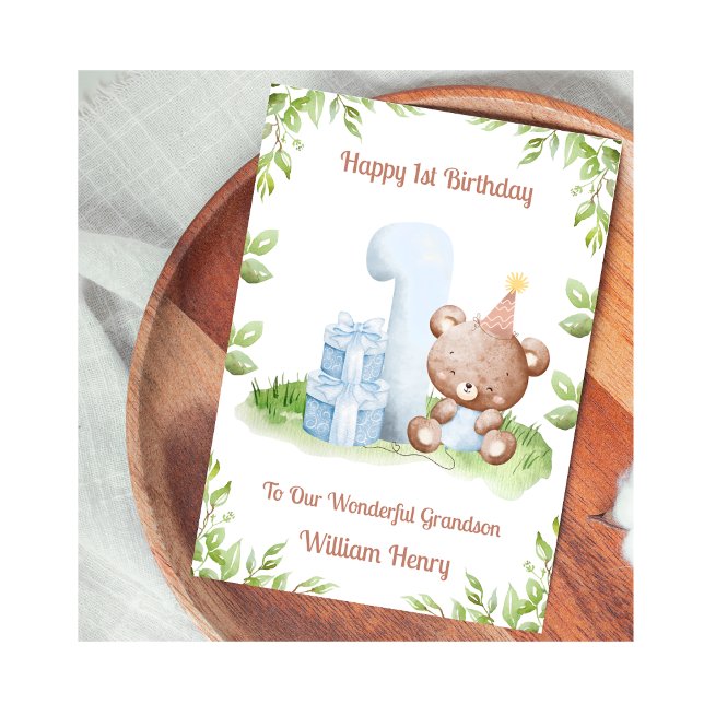 Boy 1st Birthday Greenery Teddy Bear Card Karte (Von Creator hochgeladen)