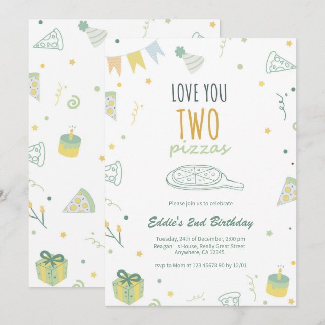 Boy 2e anniversaire Pizza Party Invitation Bleu (Devant / Derrière)