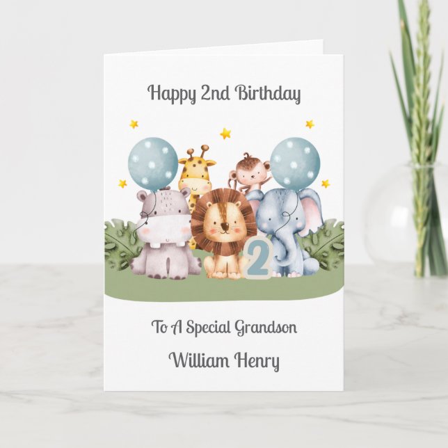 Boy 2nd Birthday Safari Leaf Animals Card Karte (Vorderseite)