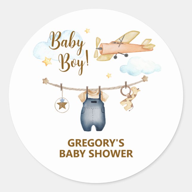Boy Adventure Clothesline Airplane Sky Baby Shower Runder Aufkleber (Vorderseite)