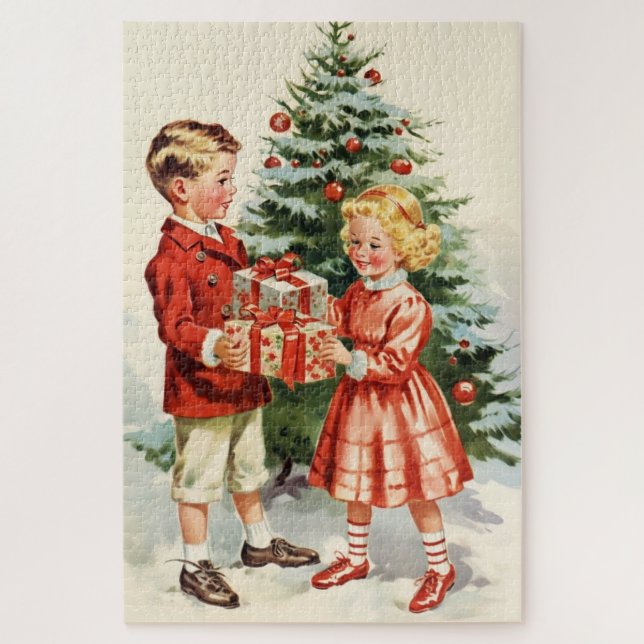 Boy and girl giving each other Christmas presents (Vertikal)