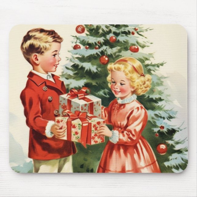 Boy and girl giving each other Christmas presents Mousepad (Vorne)