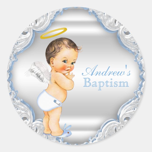 Boy Angel Baptisse Christening Runder Aufkleber (Vorderseite)