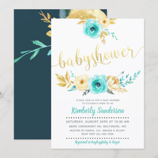 Boy Aquamarin Blue Gold Floral Baby Einladung