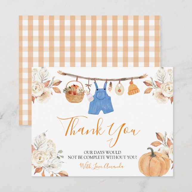 Boy Autumn Clothes Pumpkin Fall Baby Showdusche Dankeskarte (Vorne/Hinten)