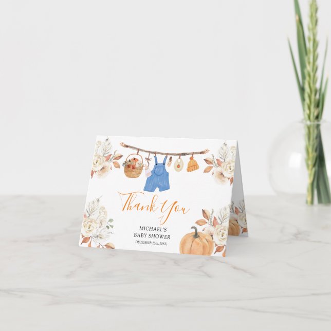 Boy Autumn Kleithes Pumpkin Fall Baby Dusche gekla Dankeskarte (Vorderseite)