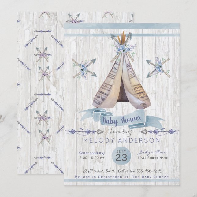 Boy Baby Blue Dusche Boho Chic Teepee & Arrows Einladung (Vorne/Hinten)