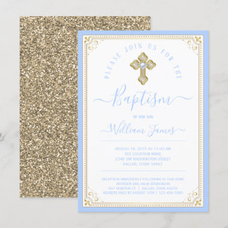 Boy Baby Blue Light Gold Elegante Taufe Einladung
