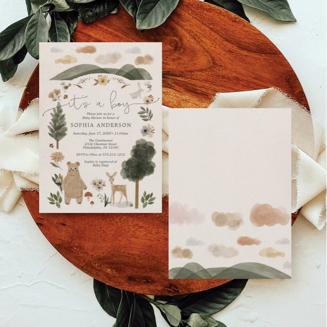 Boy Baby Boho Woodland Babydusche Einladungskarte (Von Creator hochgeladen)