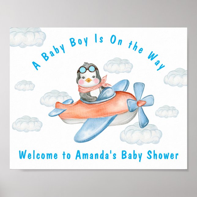 Boy Baby Dusche Airplane Blue Pinguin Poster (Vorne)